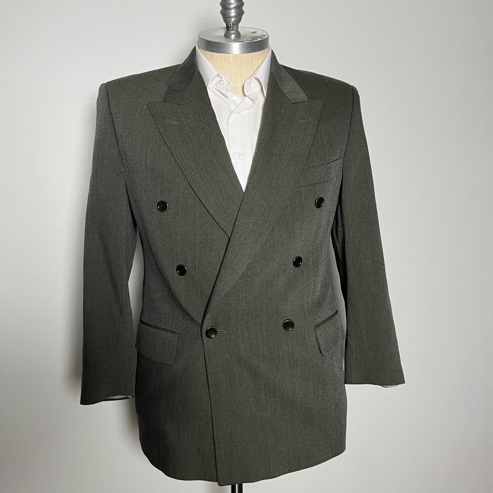 Hugo Boss Blazer Mens 40R Grey Pinstripe Double Breasted Wool Peak Lapel Vintage